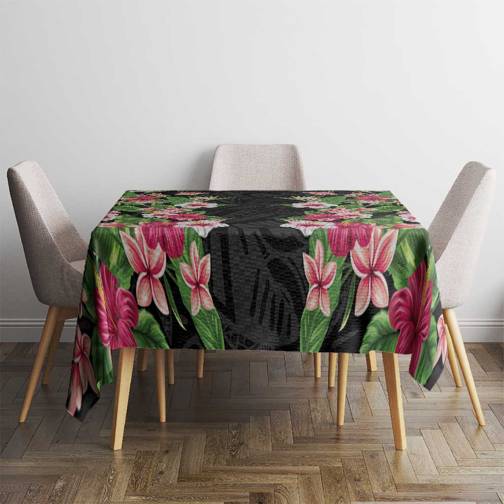 Hawaii Tropical Flowers Tablecloth Black Polynesian Tattoo Art
