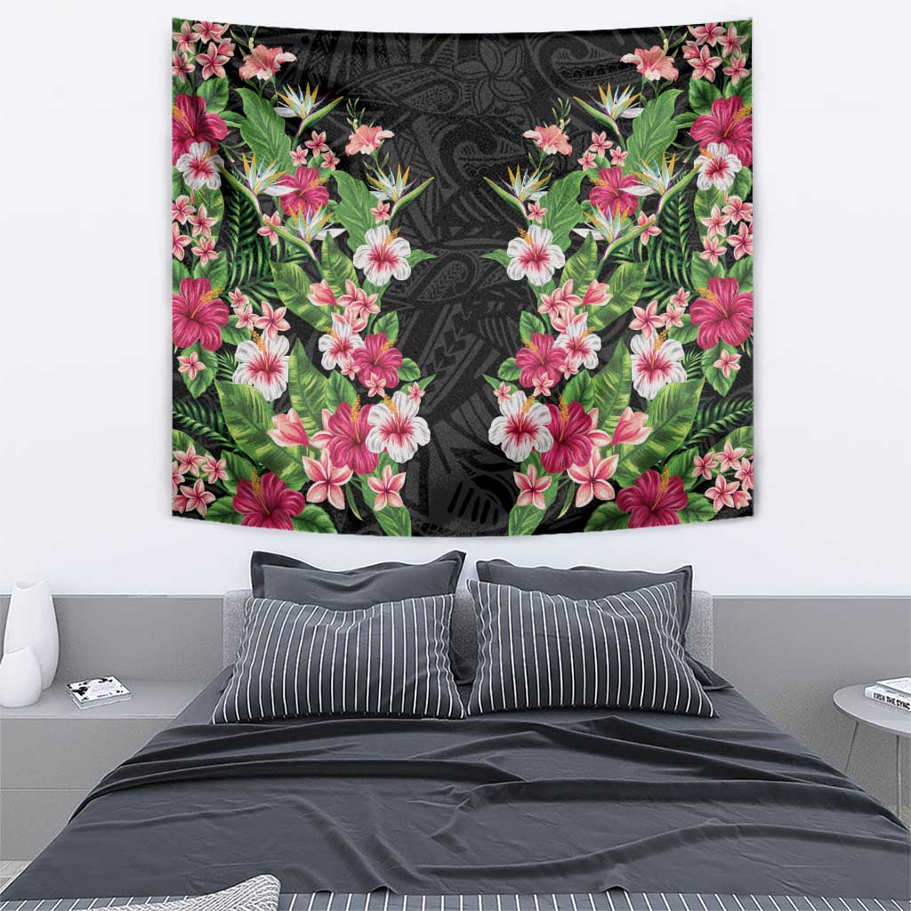 Hawaii Tropical Flowers Tapestry Black Polynesian Tattoo Art