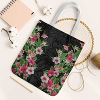 Hawaii Tropical Flowers Tote Bag Black Polynesian Tattoo Art