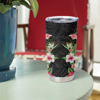 Hawaii Tropical Flowers Tumbler Cup Black Polynesian Tattoo Art