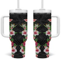 Hawaii Tropical Flowers Tumbler With Handle Black Polynesian Tattoo Art