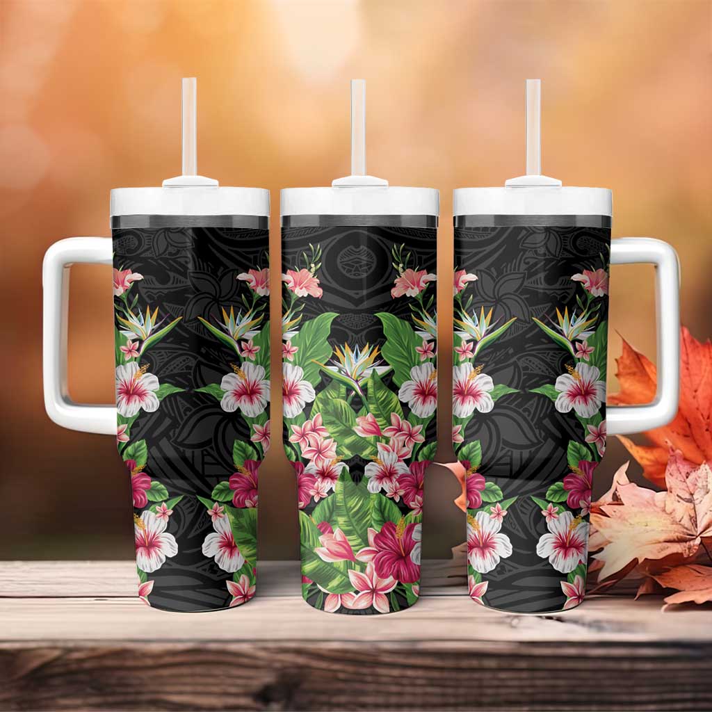 Hawaii Tropical Flowers Tumbler With Handle Black Polynesian Tattoo Art