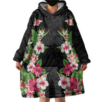 Hawaii Tropical Flowers Wearable Blanket Hoodie Black Polynesian Tattoo Art