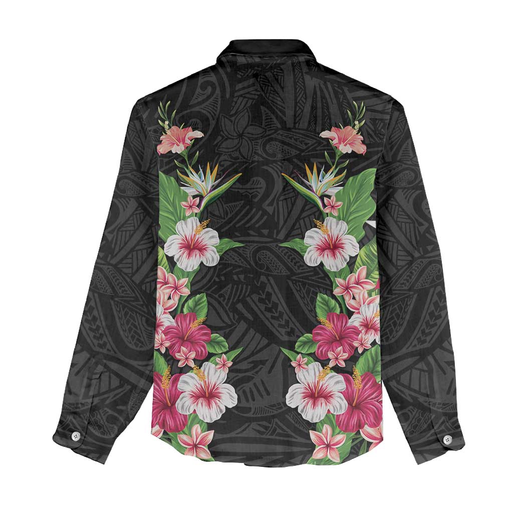 Hawaii Tropical Flowers Women Casual Shirt Black Polynesian Tattoo Art