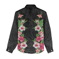Hawaii Tropical Flowers Women Casual Shirt Black Polynesian Tattoo Art