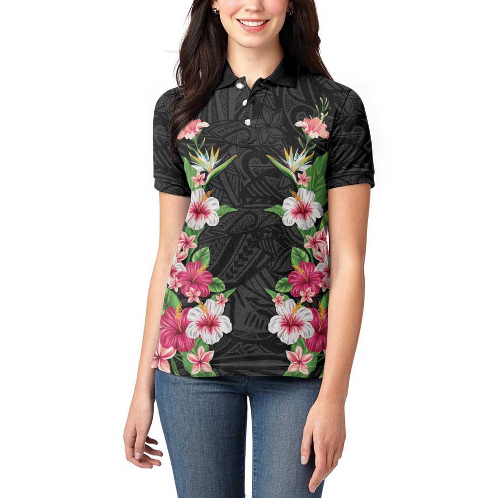 Hawaii Tropical Flowers Women Polo Shirt Black Polynesian Tattoo Art