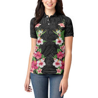 Hawaii Tropical Flowers Women Polo Shirt Black Polynesian Tattoo Art