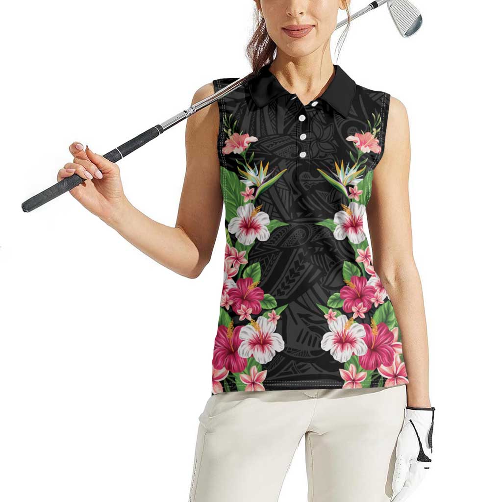 Hawaii Tropical Flowers Women Sleeveless Polo Shirt Black Polynesian Tattoo Art