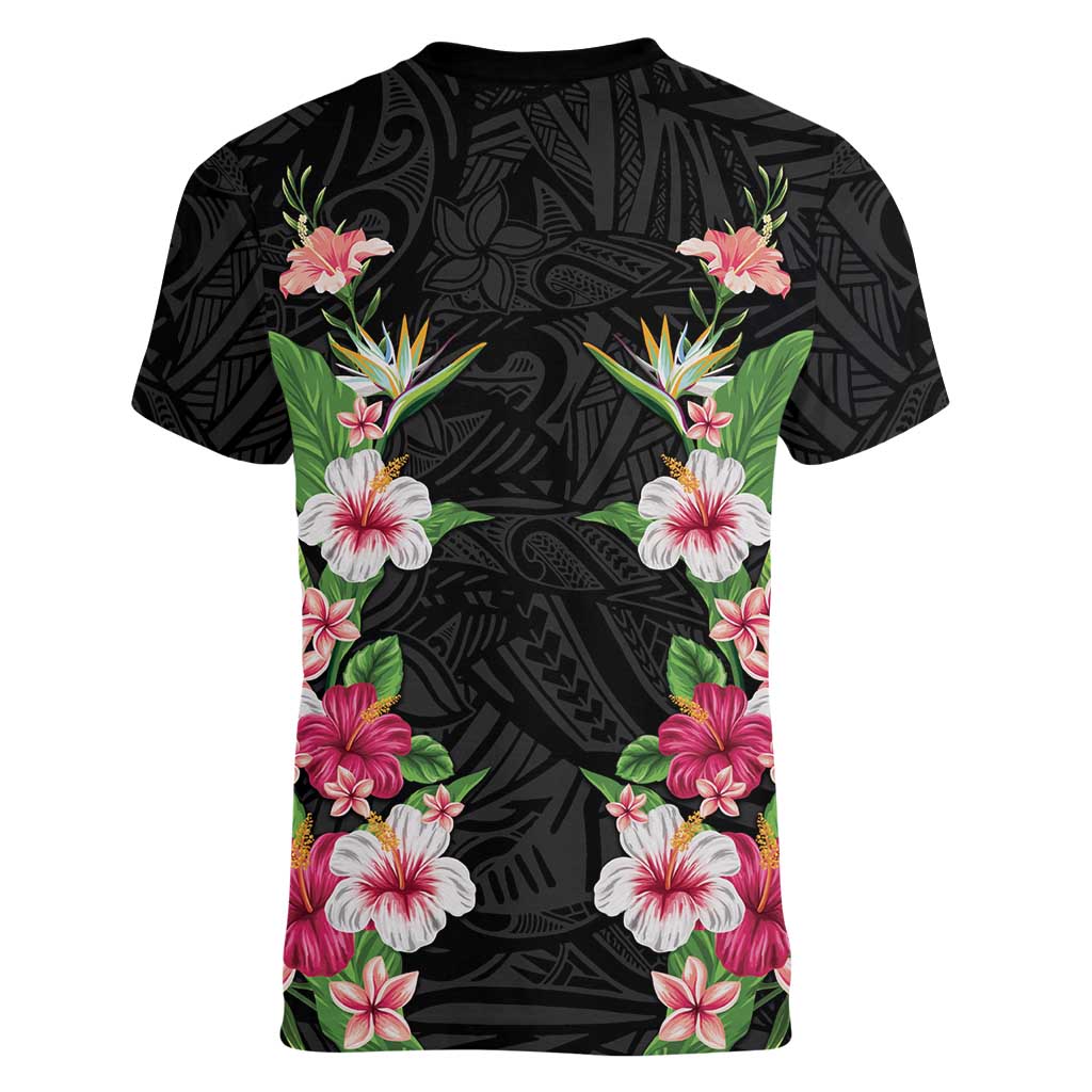 Hawaii Tropical Flowers Women V-Neck T-Shirt Black Polynesian Tattoo Art