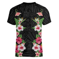 Hawaii Tropical Flowers Women V-Neck T-Shirt Black Polynesian Tattoo Art