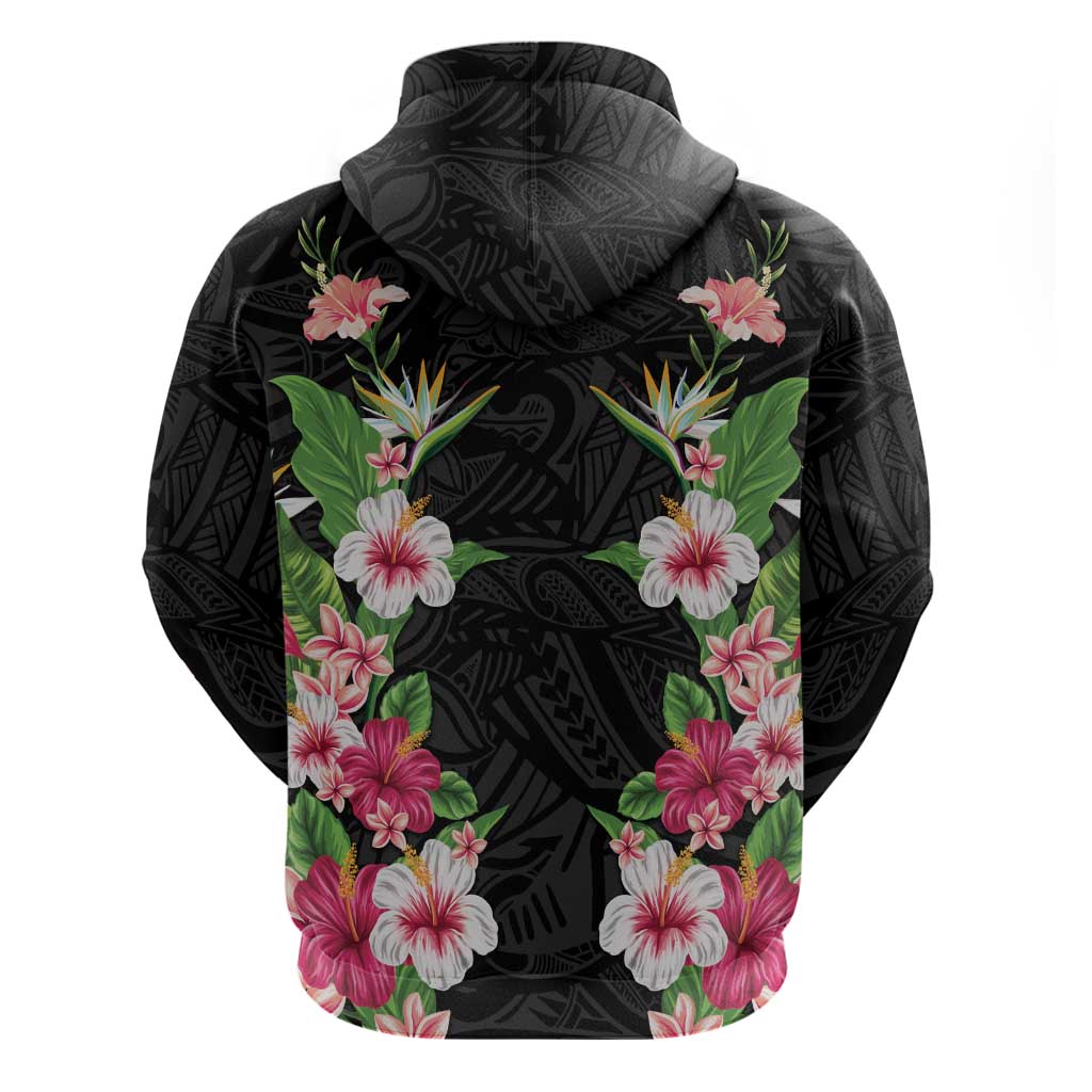 Hawaii Tropical Flowers Zip Hoodie Black Polynesian Tattoo Art