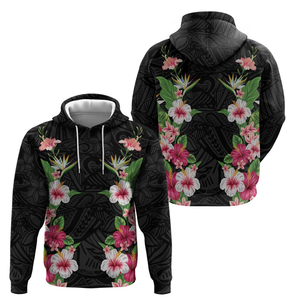Hawaii Tropical Flowers Zip Hoodie Black Polynesian Tattoo Art
