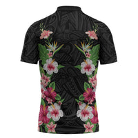 Hawaii Tropical Flowers Zipper Polo Shirt Black Polynesian Tattoo Art