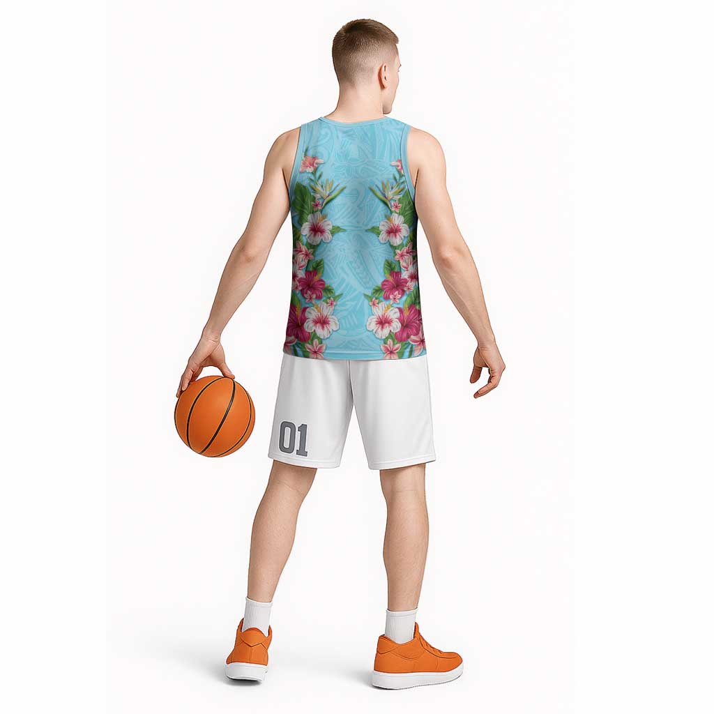 Hawaii Tropical Flowers Basketball Jersey Sky Blue Polynesian Tattoo Art