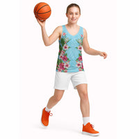 Hawaii Tropical Flowers Basketball Jersey Sky Blue Polynesian Tattoo Art