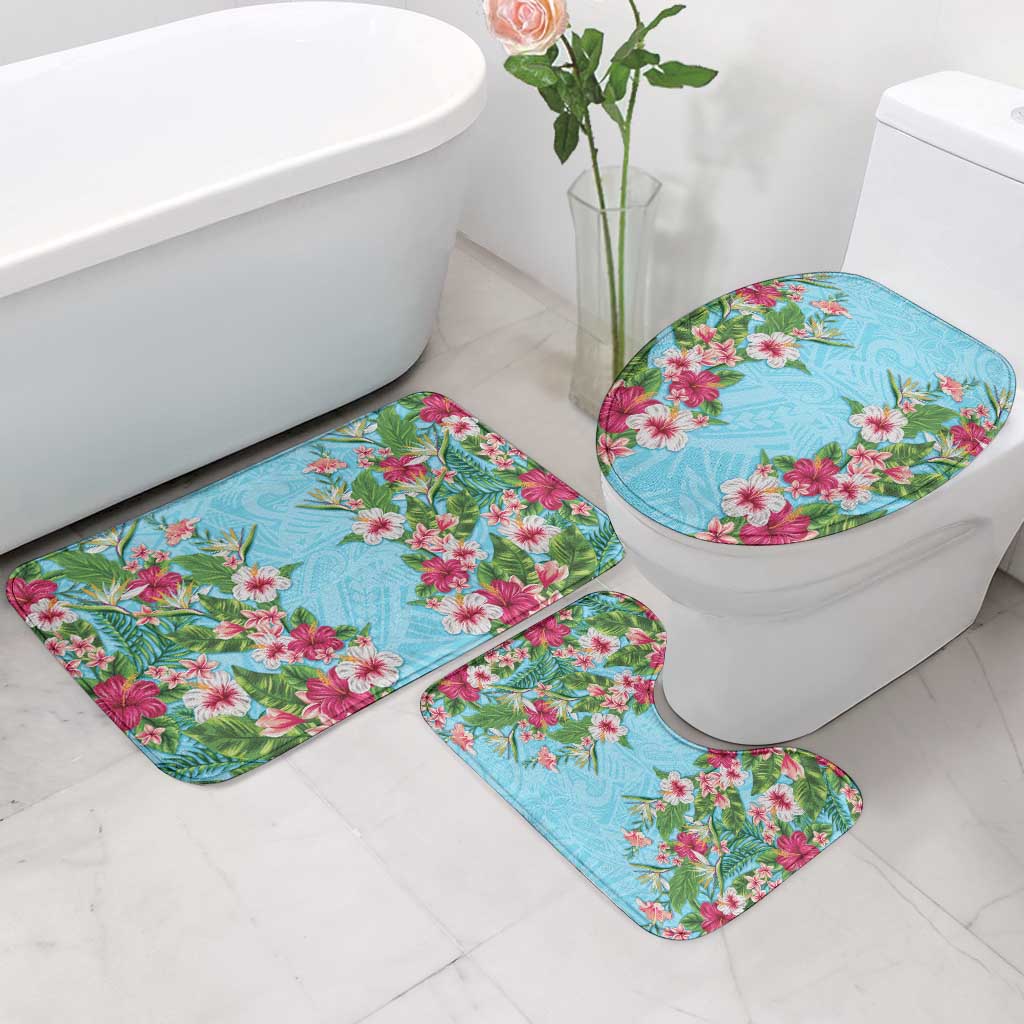 Hawaii Tropical Flowers Bathroom Set Sky Blue Polynesian Tattoo Art
