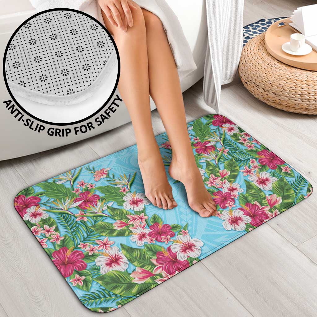 Hawaii Tropical Flowers Bathroom Set Sky Blue Polynesian Tattoo Art