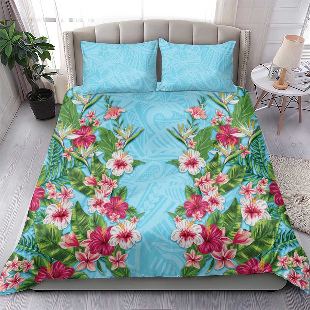 Hawaii Tropical Flowers Bedding Set Sky Blue Polynesian Tattoo Art