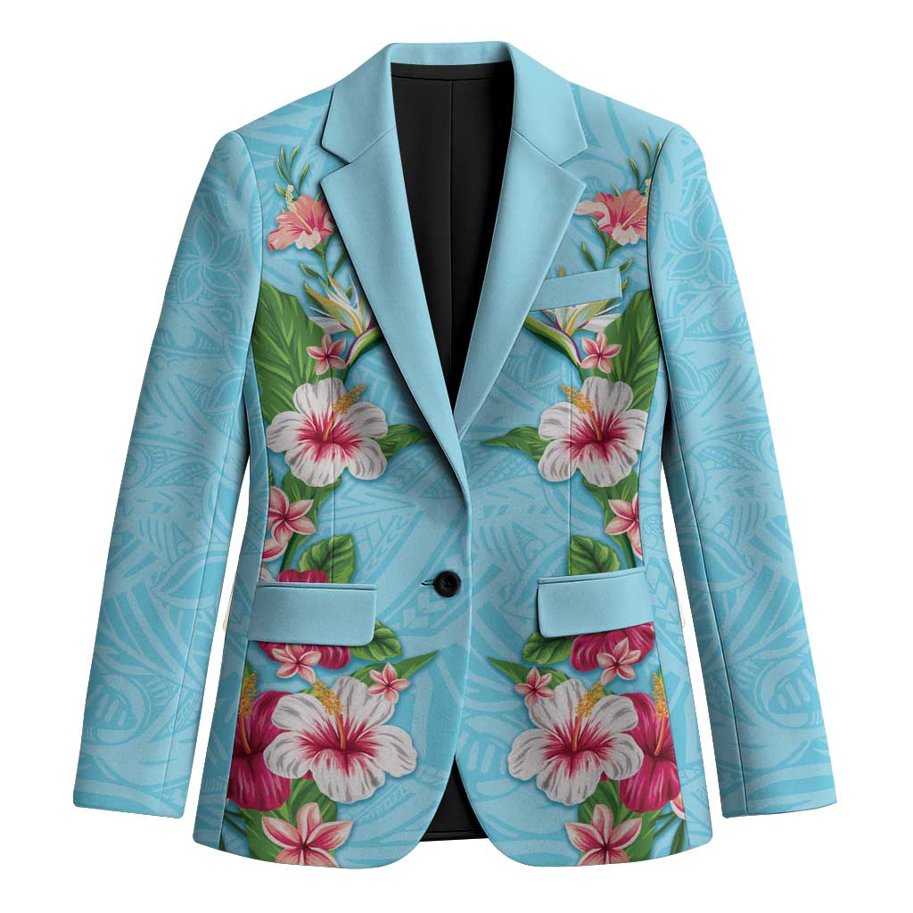 Hawaii Tropical Flowers Blazer Sky Blue Polynesian Tattoo Art