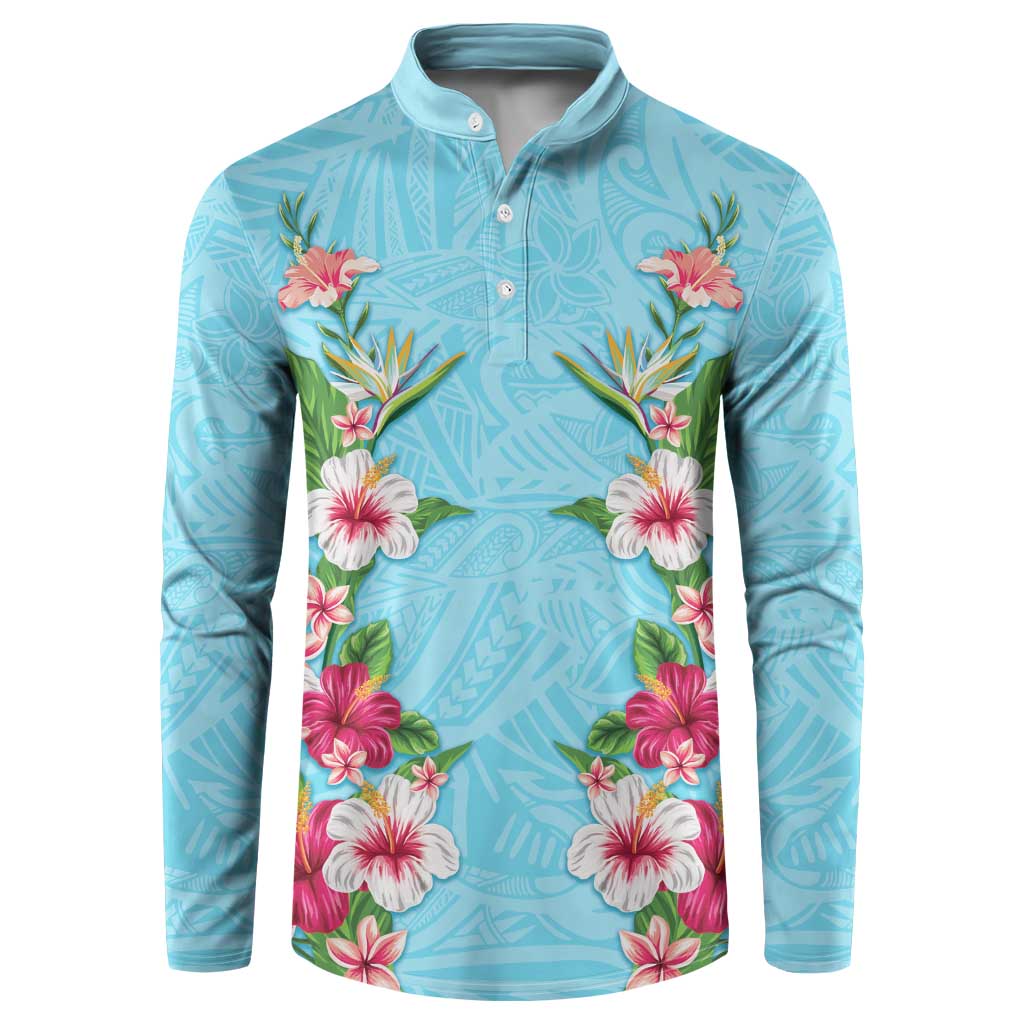 Hawaii Tropical Flowers Button Sweatshirt Sky Blue Polynesian Tattoo Art