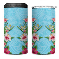 Hawaii Tropical Flowers 4 in 1 Can Cooler Tumbler Sky Blue Polynesian Tattoo Art