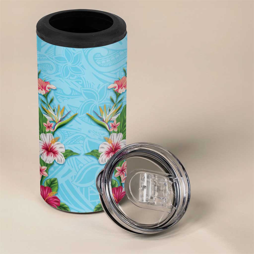 Hawaii Tropical Flowers 4 in 1 Can Cooler Tumbler Sky Blue Polynesian Tattoo Art