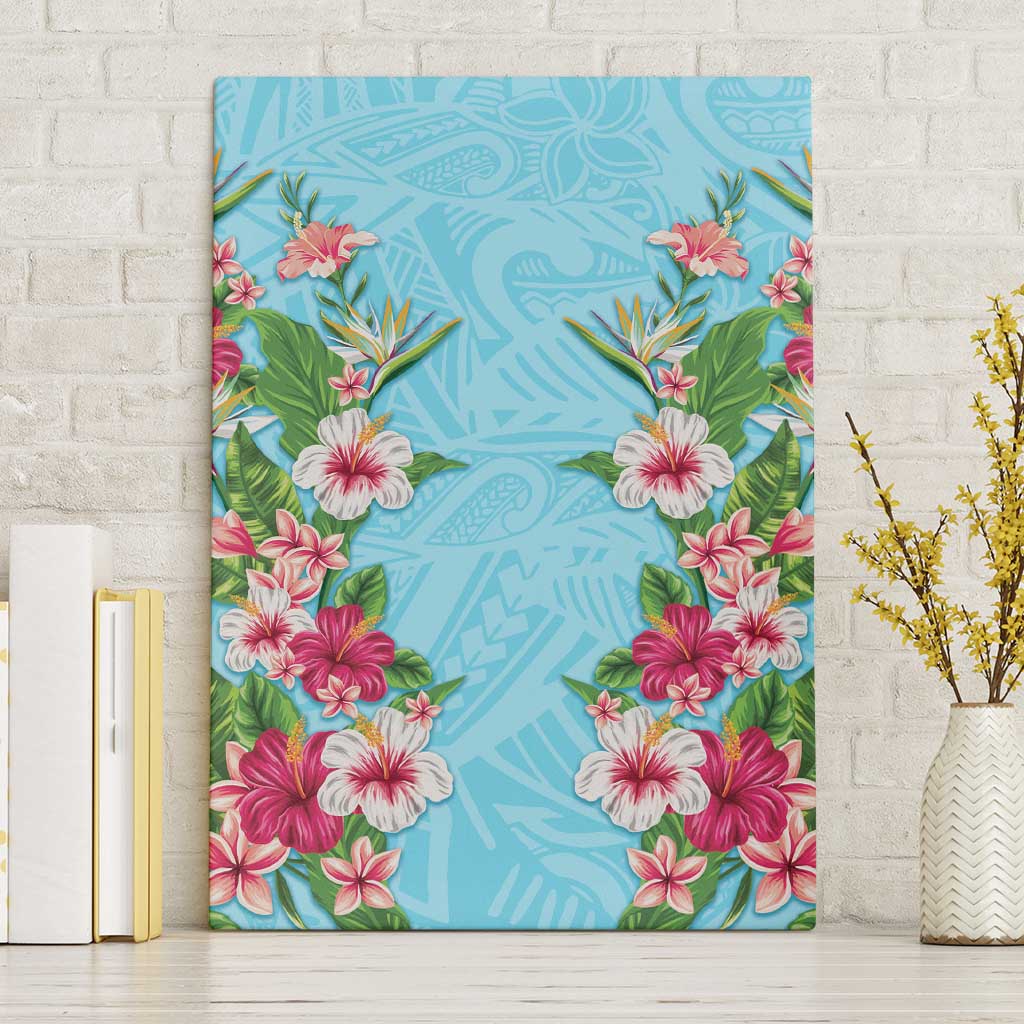 Hawaii Tropical Flowers Canvas Wall Art Sky Blue Polynesian Tattoo Art