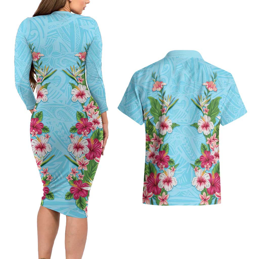Hawaii Tropical Flowers Couples Matching Long Sleeve Bodycon Dress and Hawaiian Shirt Sky Blue Polynesian Tattoo Art