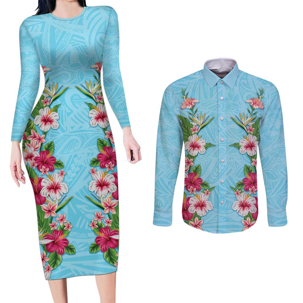 Hawaii Tropical Flowers Couples Matching Long Sleeve Bodycon Dress and Long Sleeve Button Shirt Sky Blue Polynesian Tattoo Art