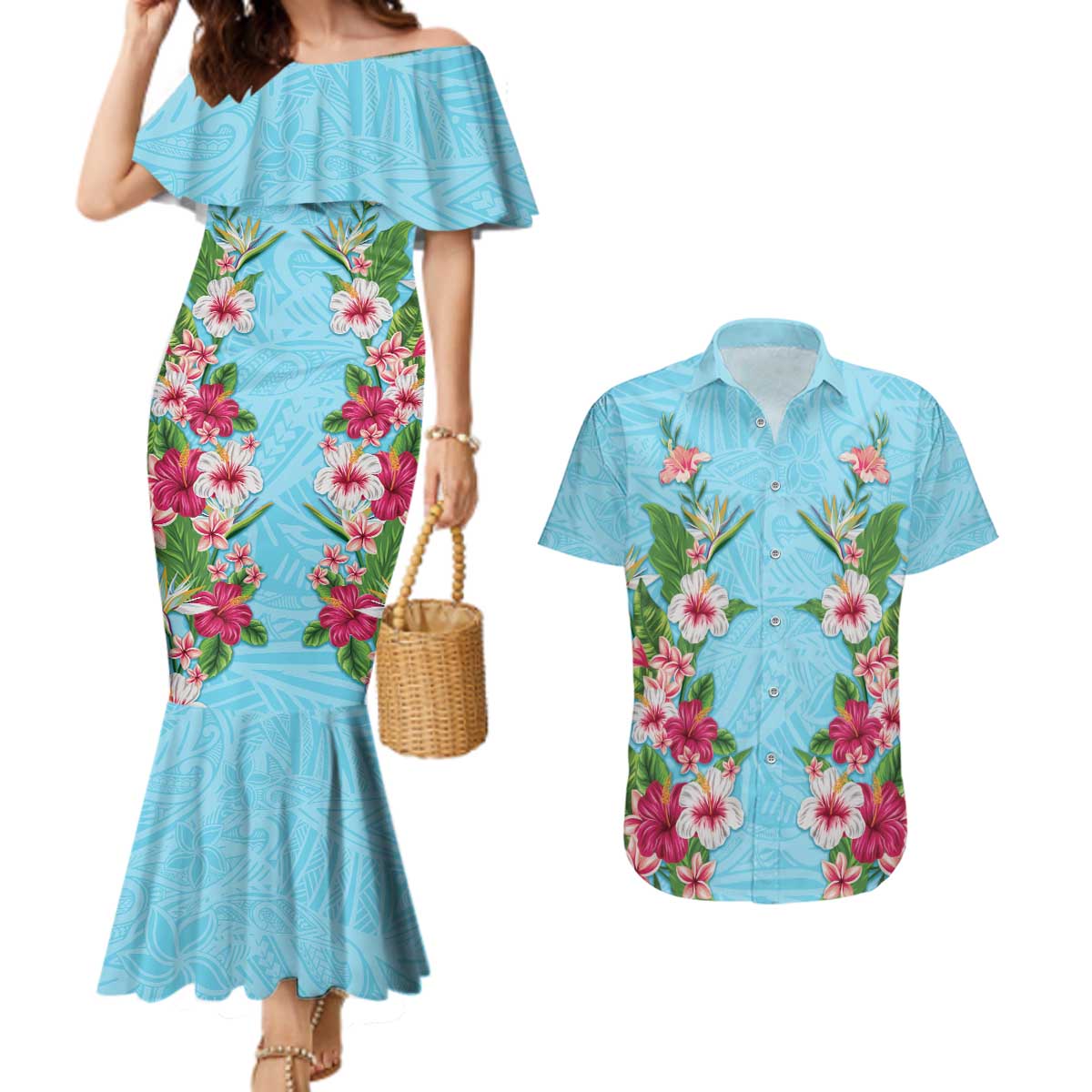 Hawaii Tropical Flowers Couples Matching Mermaid Dress and Hawaiian Shirt Sky Blue Polynesian Tattoo Art LT05 Blue - Polynesian Pride