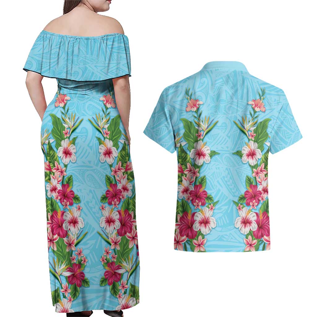 Hawaii Tropical Flowers Couples Matching Off Shoulder Maxi Dress and Hawaiian Shirt Sky Blue Polynesian Tattoo Art