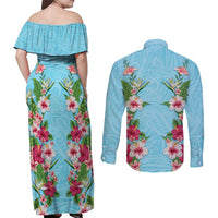 Hawaii Tropical Flowers Couples Matching Off Shoulder Maxi Dress and Long Sleeve Button Shirt Sky Blue Polynesian Tattoo Art