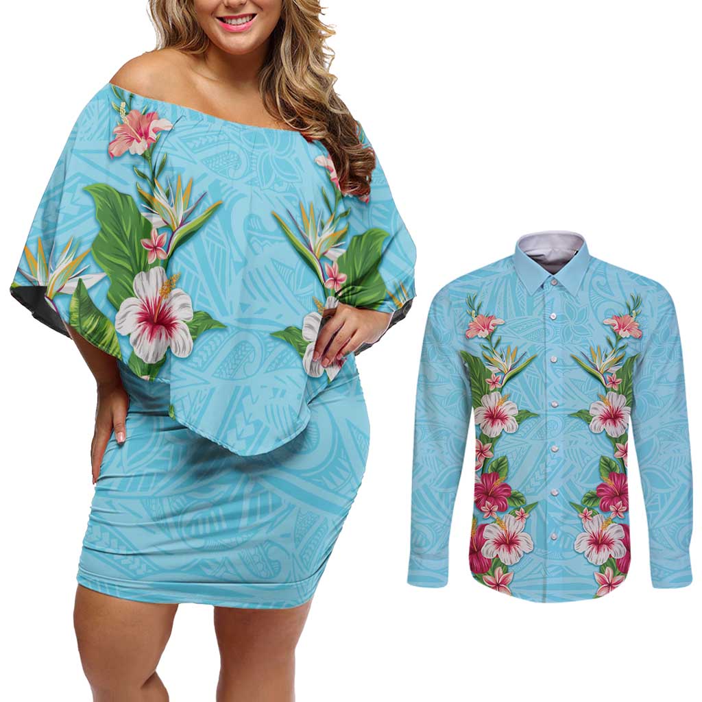 Hawaii Tropical Flowers Couples Matching Off Shoulder Short Dress and Long Sleeve Button Shirt Sky Blue Polynesian Tattoo Art