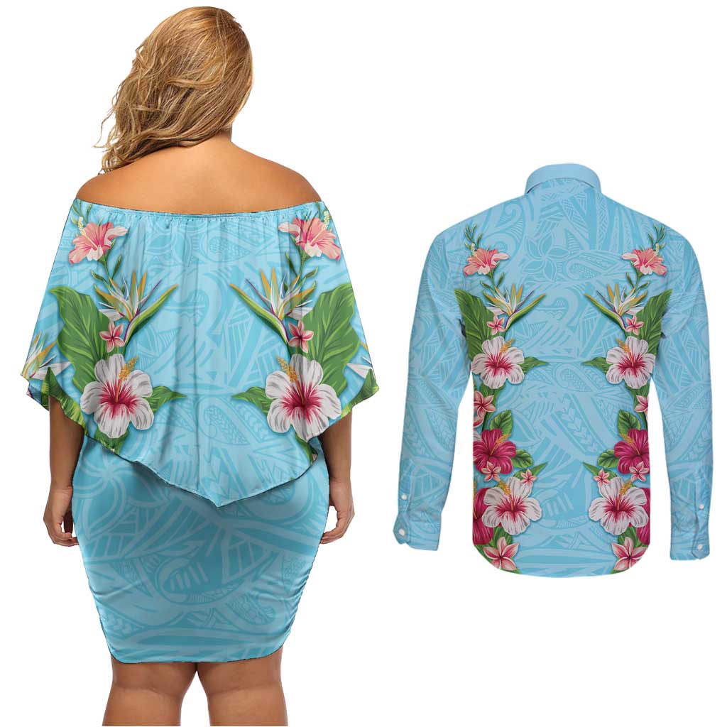 Hawaii Tropical Flowers Couples Matching Off Shoulder Short Dress and Long Sleeve Button Shirt Sky Blue Polynesian Tattoo Art