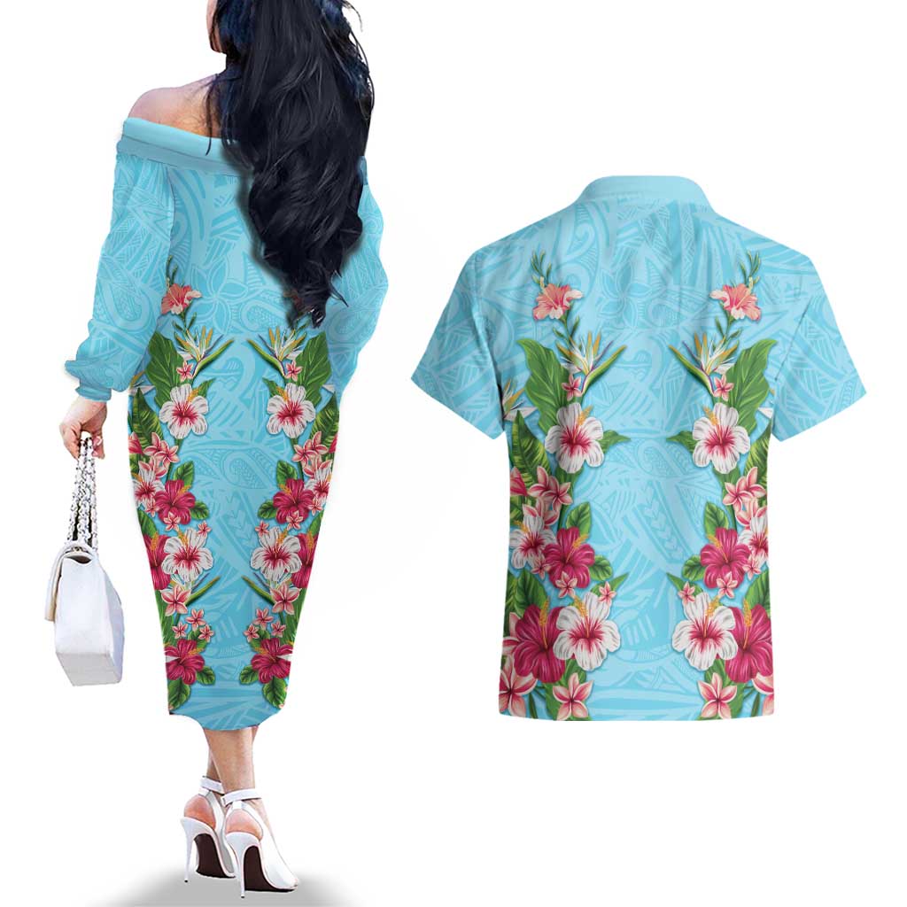 Hawaii Tropical Flowers Couples Matching Off The Shoulder Long Sleeve Dress and Hawaiian Shirt Sky Blue Polynesian Tattoo Art LT05 - Polynesian Pride