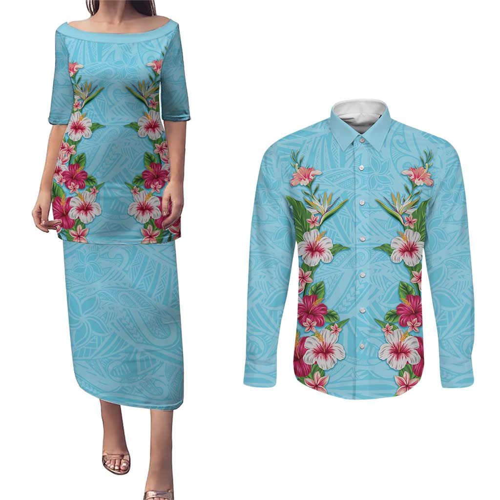 Hawaii Tropical Flowers Couples Matching Puletasi and Long Sleeve Button Shirt Sky Blue Polynesian Tattoo Art