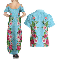 Hawaii Tropical Flowers Couples Matching Summer Maxi Dress and Hawaiian Shirt Sky Blue Polynesian Tattoo Art