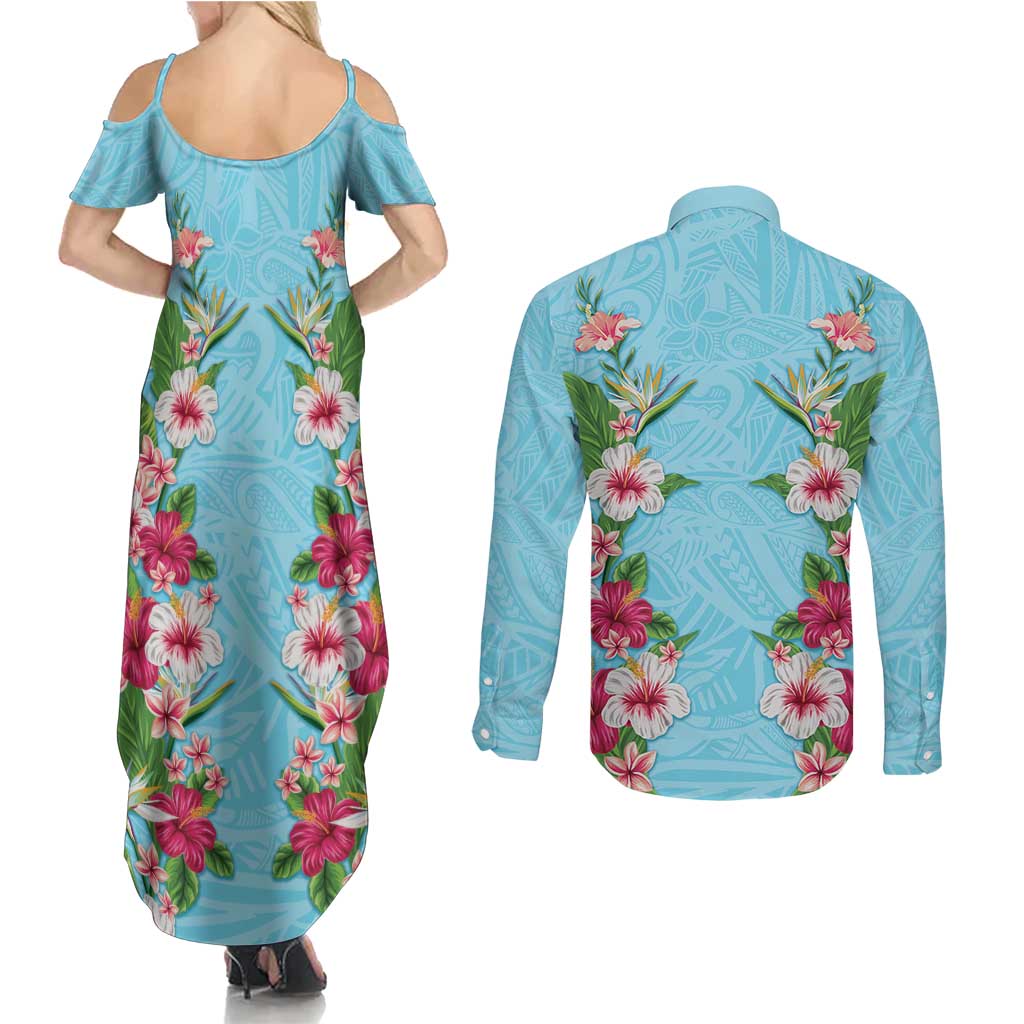 Hawaii Tropical Flowers Couples Matching Summer Maxi Dress and Long Sleeve Button Shirt Sky Blue Polynesian Tattoo Art