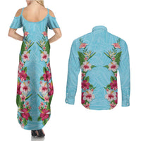 Hawaii Tropical Flowers Couples Matching Summer Maxi Dress and Long Sleeve Button Shirt Sky Blue Polynesian Tattoo Art