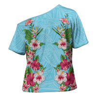 Hawaii Tropical Flowers Cross Shoulder Shirt Sky Blue Polynesian Tattoo Art
