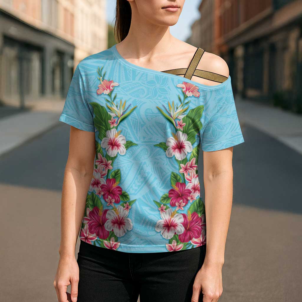 Hawaii Tropical Flowers Cross Shoulder Shirt Sky Blue Polynesian Tattoo Art