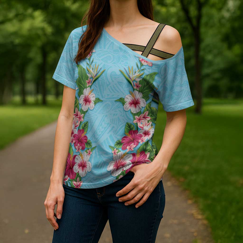 Hawaii Tropical Flowers Cross Shoulder Shirt Sky Blue Polynesian Tattoo Art