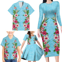 Hawaii Tropical Flowers Family Matching Long Sleeve Bodycon Dress and Hawaiian Shirt Sky Blue Polynesian Tattoo Art LT05 - Polynesian Pride