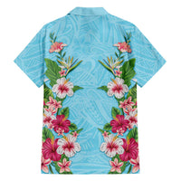 Hawaii Tropical Flowers Family Matching Long Sleeve Bodycon Dress and Hawaiian Shirt Sky Blue Polynesian Tattoo Art LT05 - Polynesian Pride