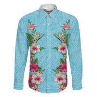 Hawaii Tropical Flowers Family Matching Long Sleeve Bodycon Dress and Hawaiian Shirt Sky Blue Polynesian Tattoo Art LT05 Dad's Shirt - Long Sleeve Blue - Polynesian Pride