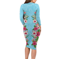 Hawaii Tropical Flowers Family Matching Long Sleeve Bodycon Dress and Hawaiian Shirt Sky Blue Polynesian Tattoo Art LT05 - Polynesian Pride