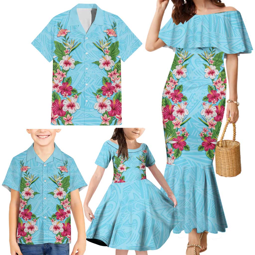 Hawaii Tropical Flowers Family Matching Mermaid Dress and Hawaiian Shirt Sky Blue Polynesian Tattoo Art LT05 - Polynesian Pride