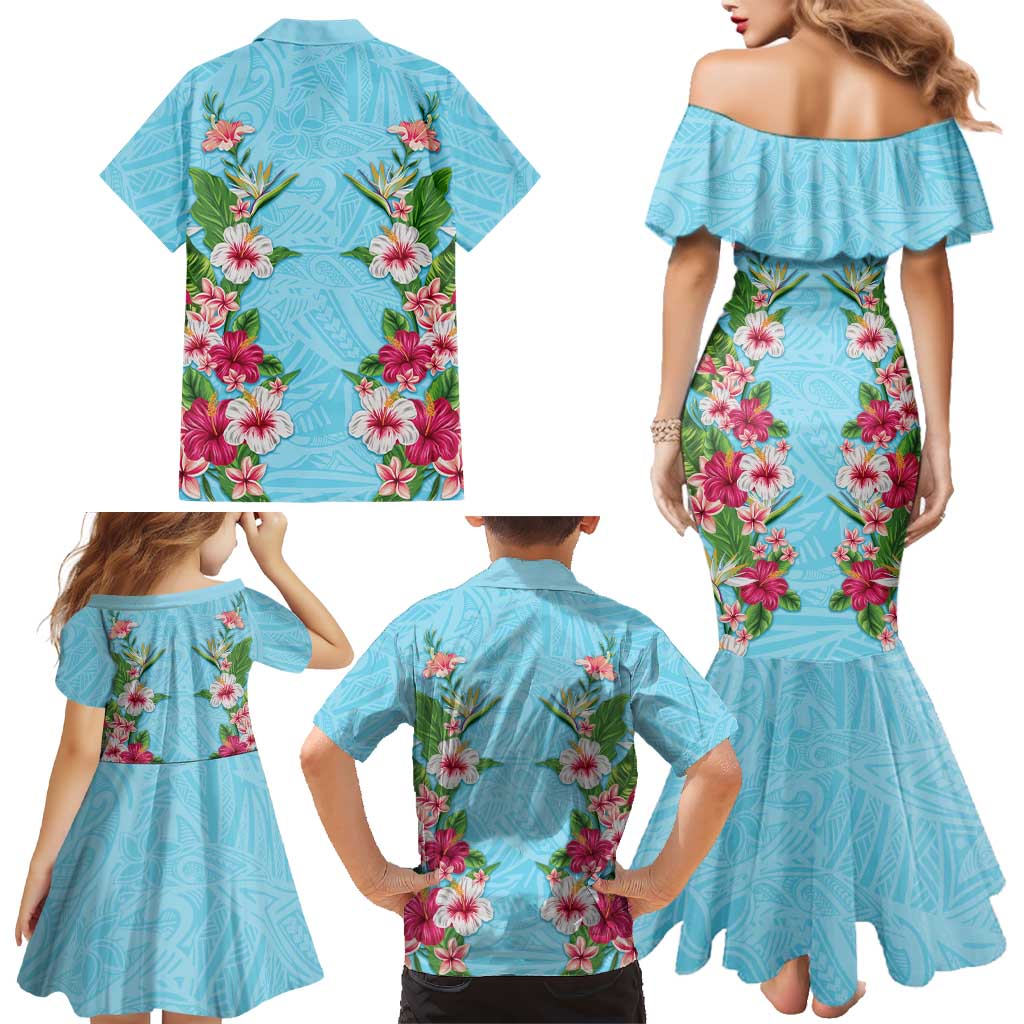 Hawaii Tropical Flowers Family Matching Mermaid Dress and Hawaiian Shirt Sky Blue Polynesian Tattoo Art LT05 - Polynesian Pride