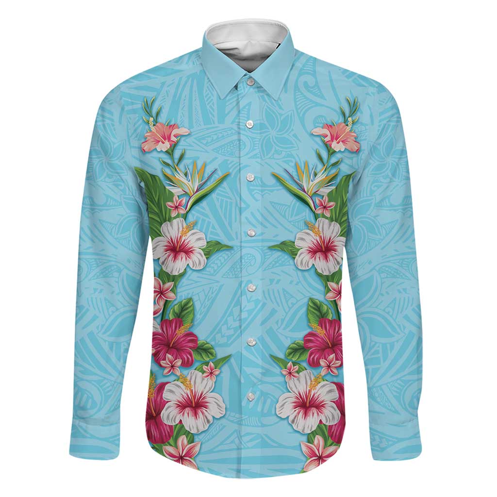 Hawaii Tropical Flowers Family Matching Mermaid Dress and Hawaiian Shirt Sky Blue Polynesian Tattoo Art LT05 Dad's Shirt - Long Sleeve Blue - Polynesian Pride