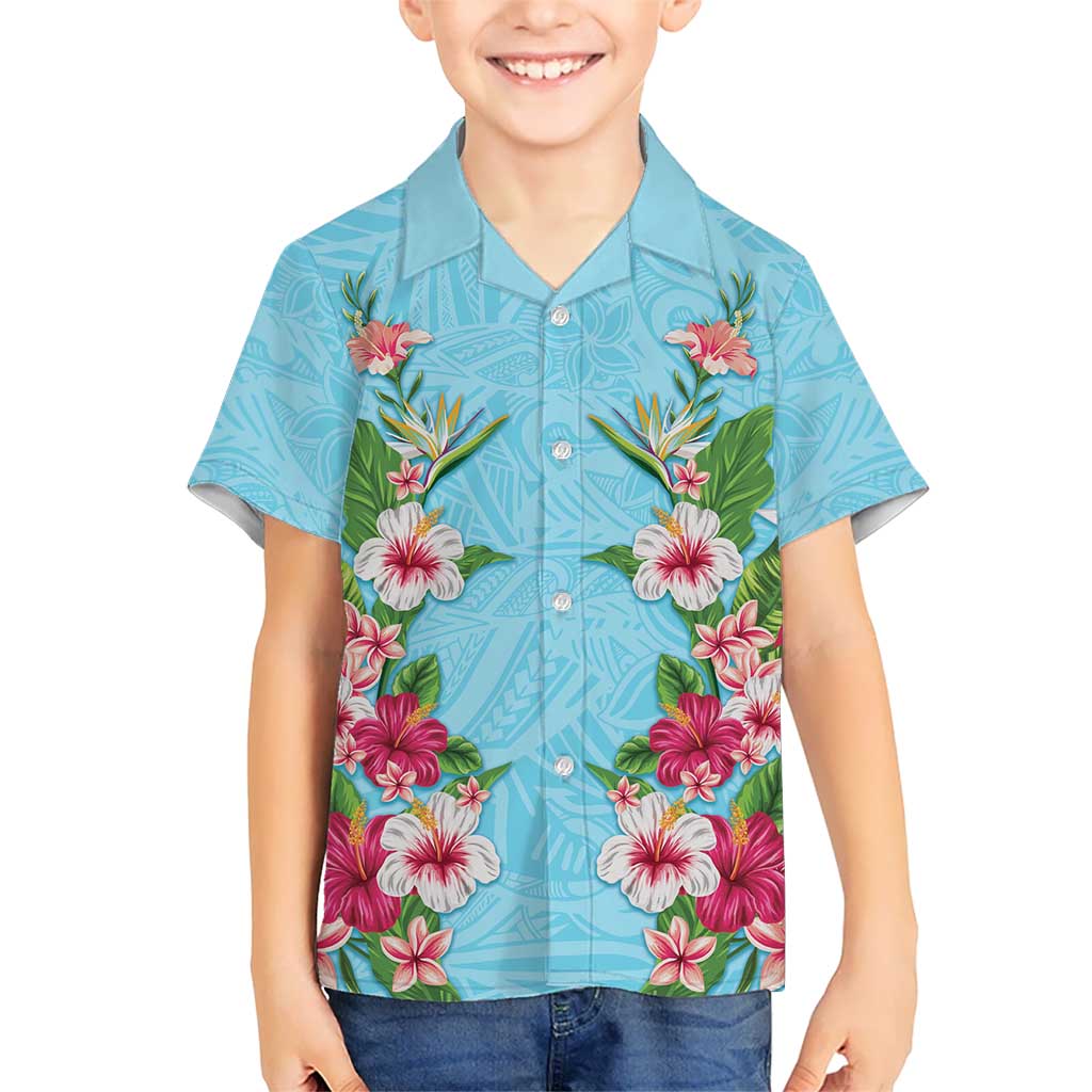 Hawaii Tropical Flowers Family Matching Mermaid Dress and Hawaiian Shirt Sky Blue Polynesian Tattoo Art LT05 Son's Shirt Blue - Polynesian Pride